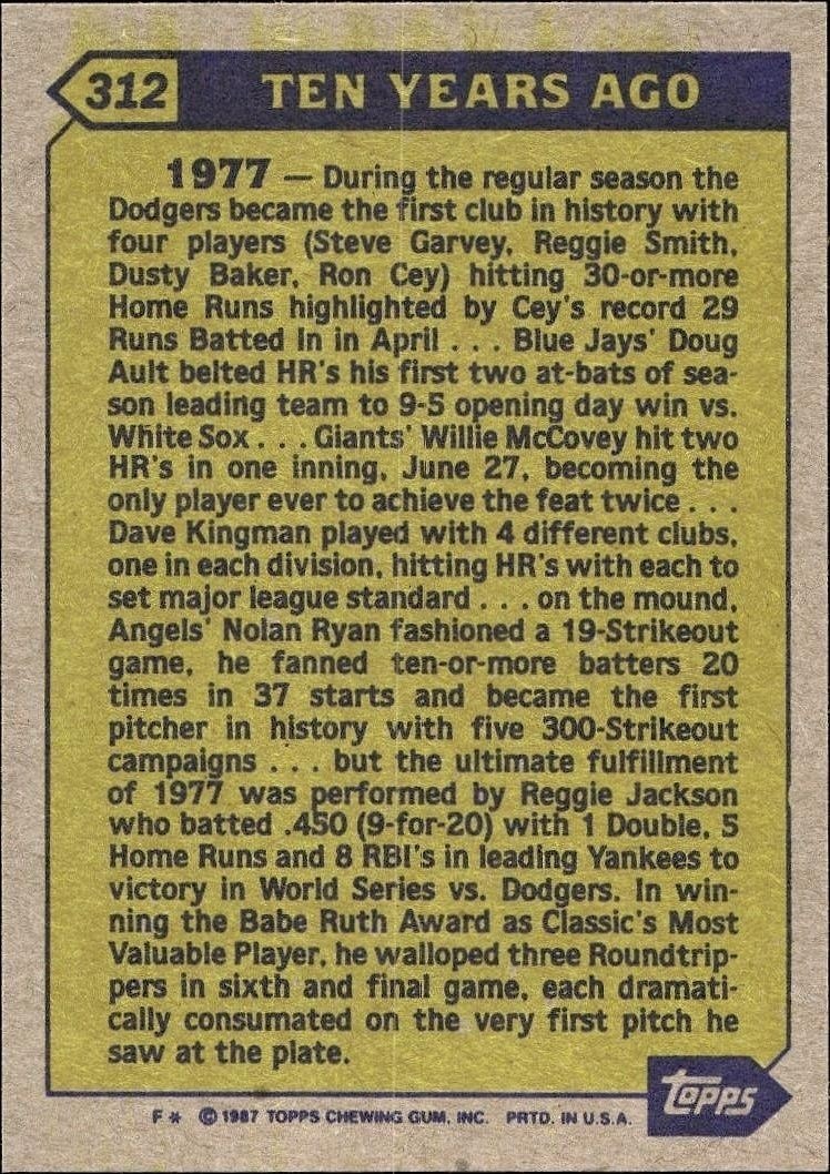 1987 Topps Reggie Jackson #312 baseball trading card back