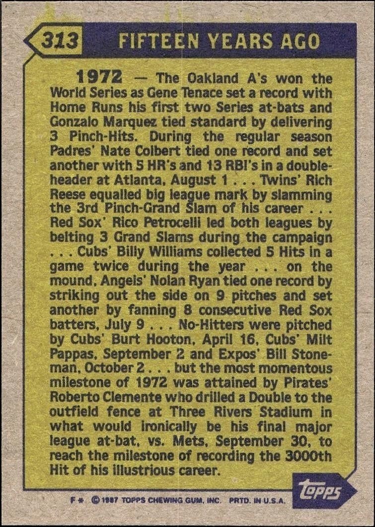 1987 Topps Roberto Clemente #313 baseball trading card back
