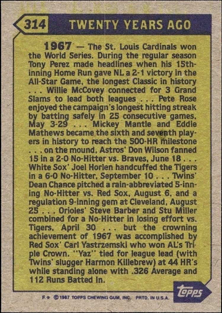 1987 Topps Carl Yastrzemski #314 baseball trading card back