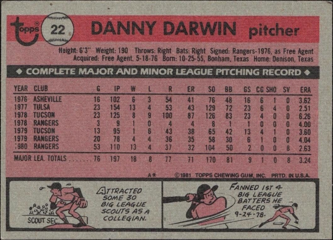 1981 Topps Danny Darwin #22 baseball trading card back