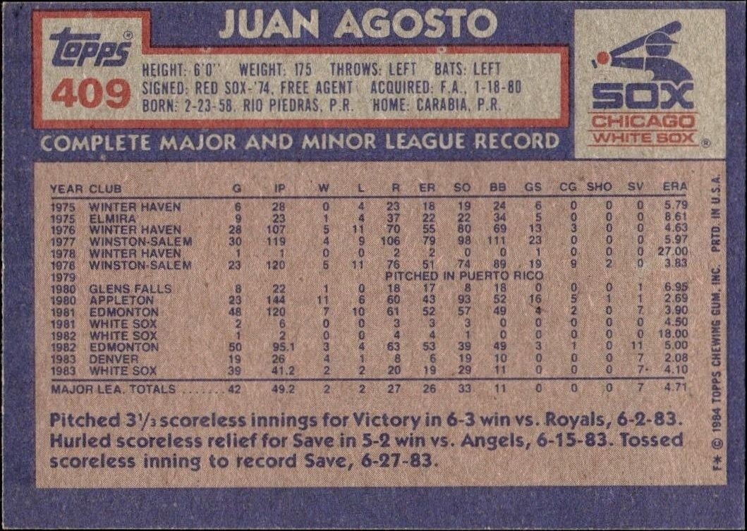 1984 Topps Juan Agosto #409 baseball trading card back