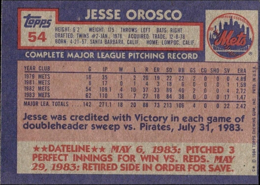 1984 Topps Jesse Orosco #54 baseball trading card back