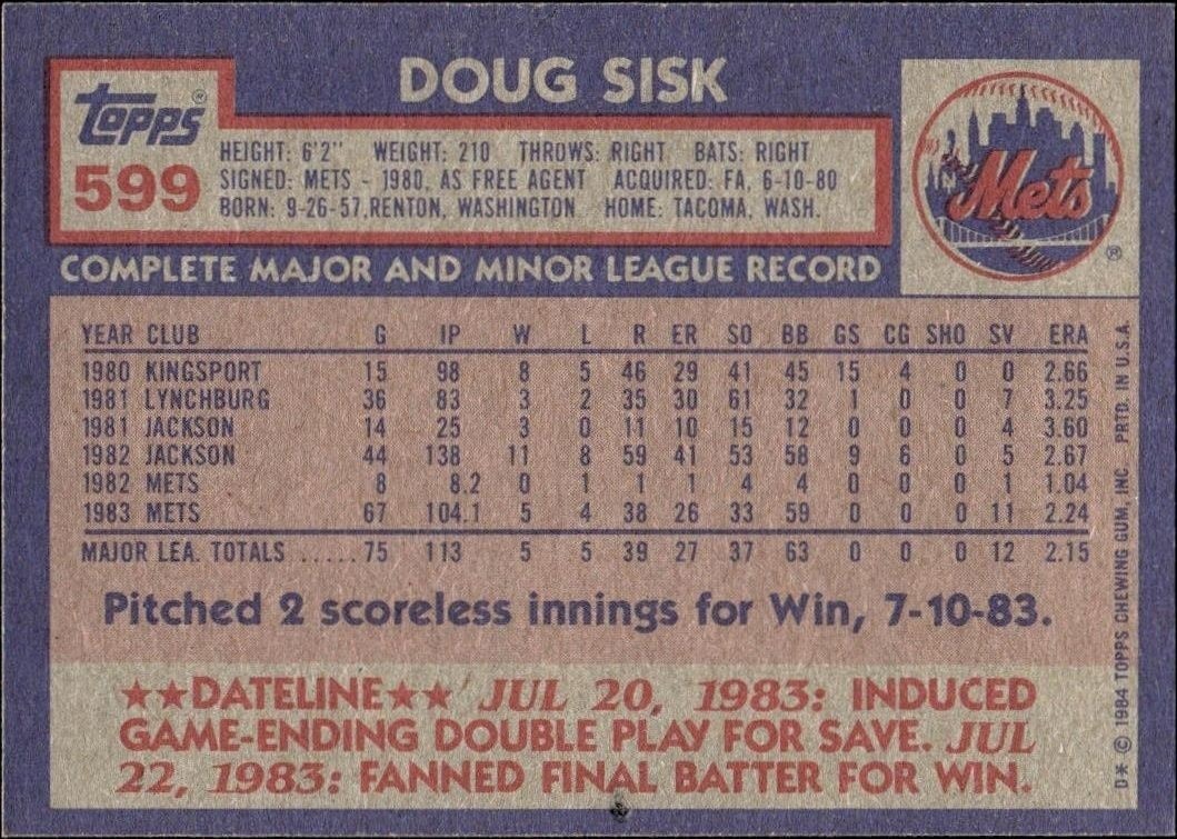1984 Topps Doug Sisk #599 baseball trading card back
