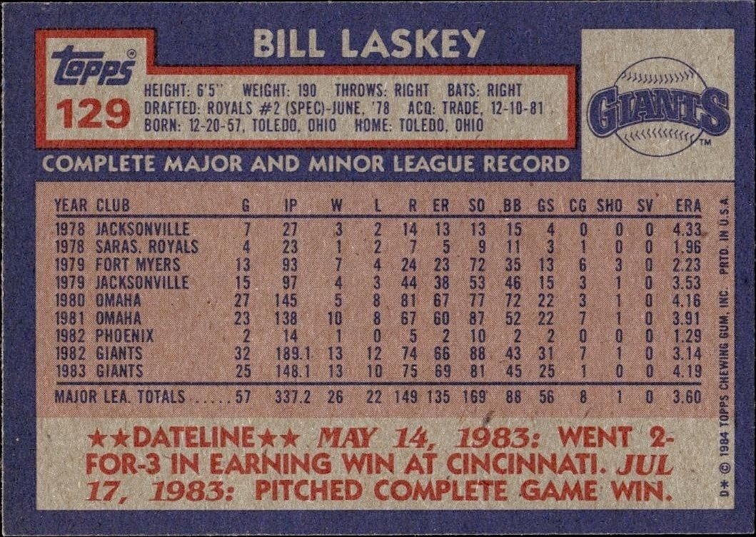 1984 Topps Bill Laskey #129 baseball trading card back