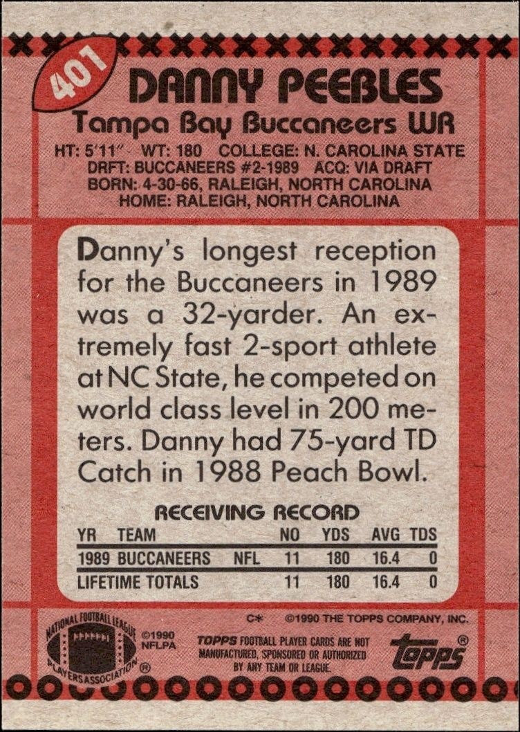 1990 Topps Danny Peebles #401 football trading card back