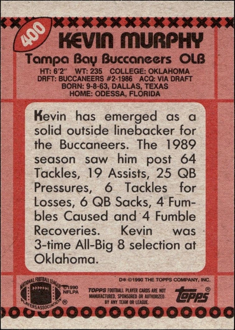 1990 Topps Kevin Murphy #400 football trading card back