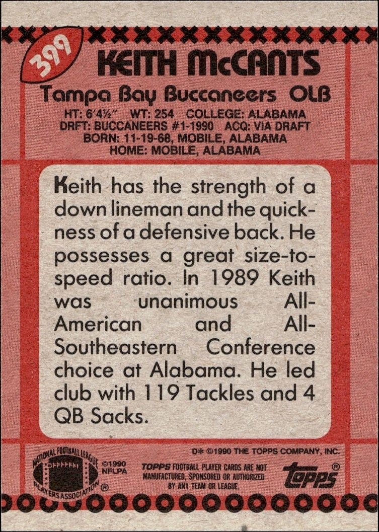 1990 Topps Keith McCants #399 football trading card back