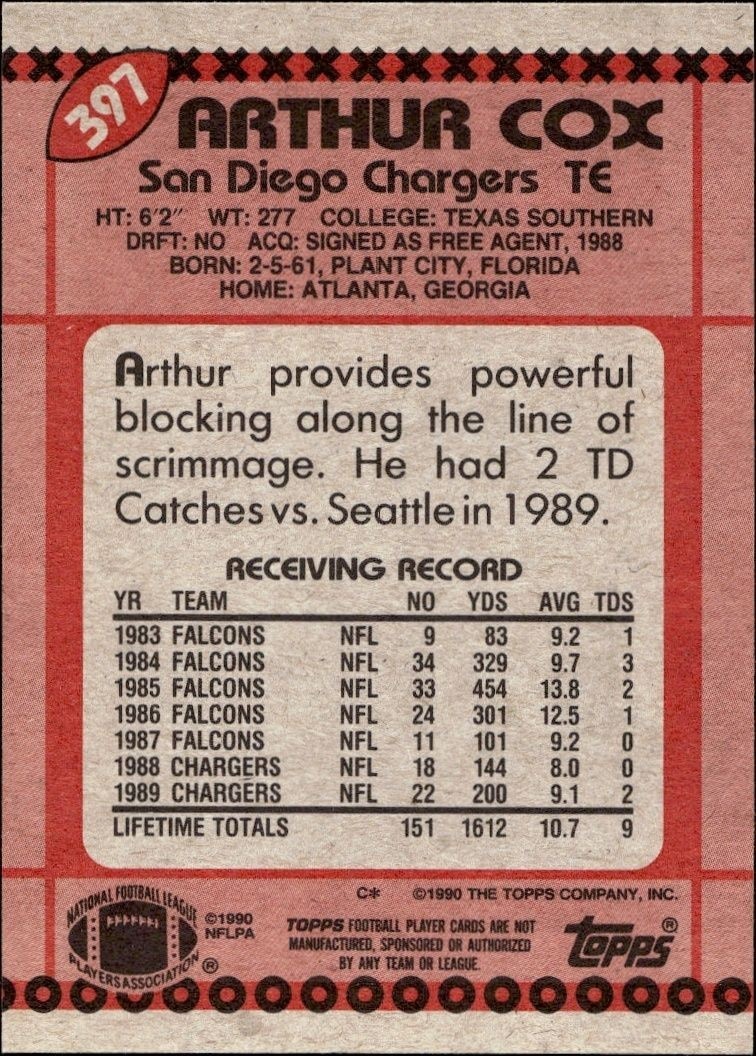 1990 Topps Arthur Cox #397 football trading card back