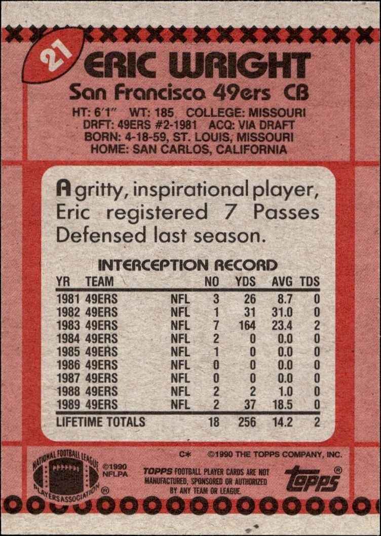 1990 Topps Eric Wright #21 football trading card back