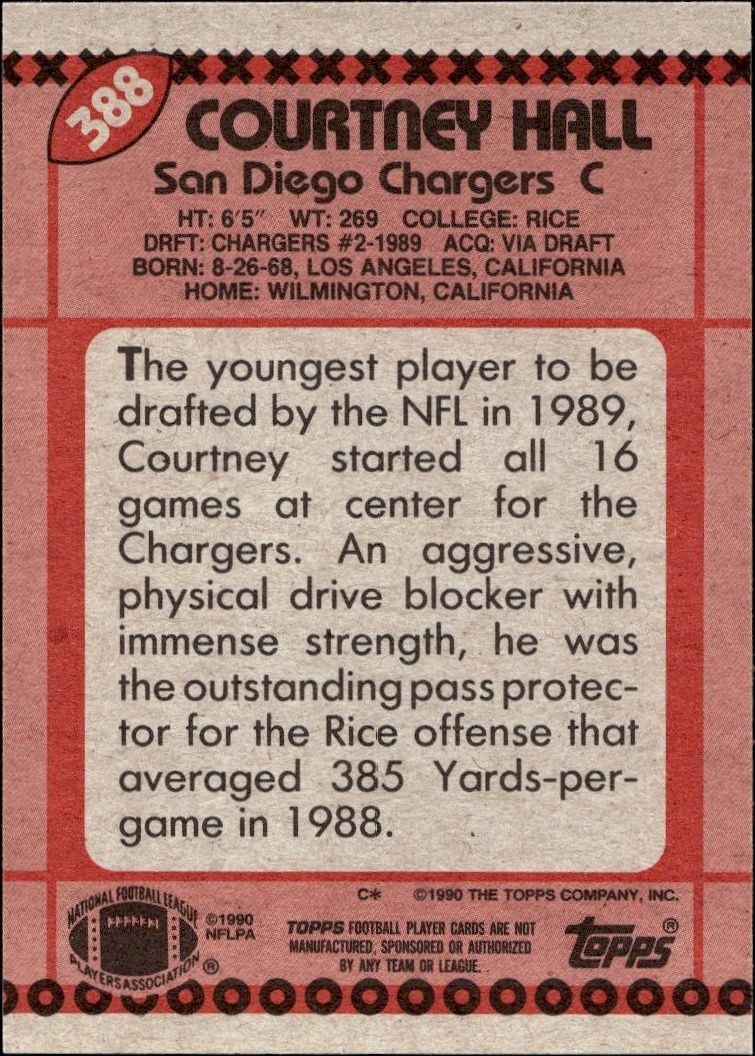 1990 Topps Courtney Hall #388 football trading card back