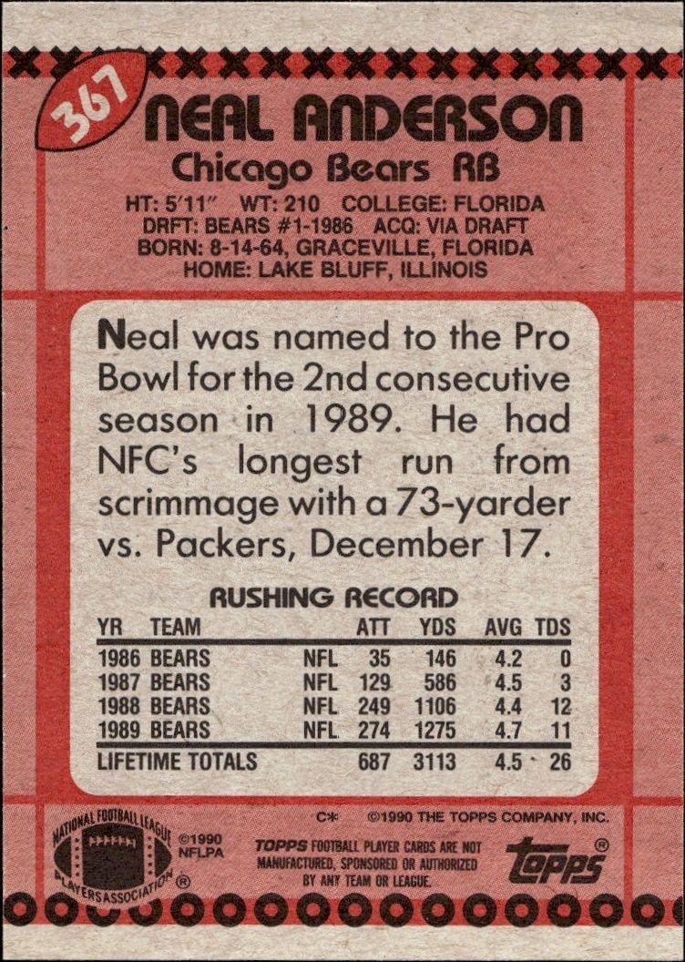 1990 Topps Neal Anderson #367 football trading card back