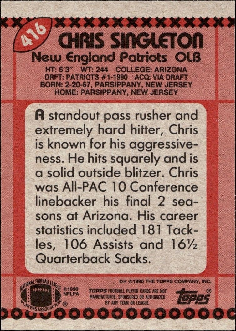 1990 Topps Chris Singleton #416 football trading card back