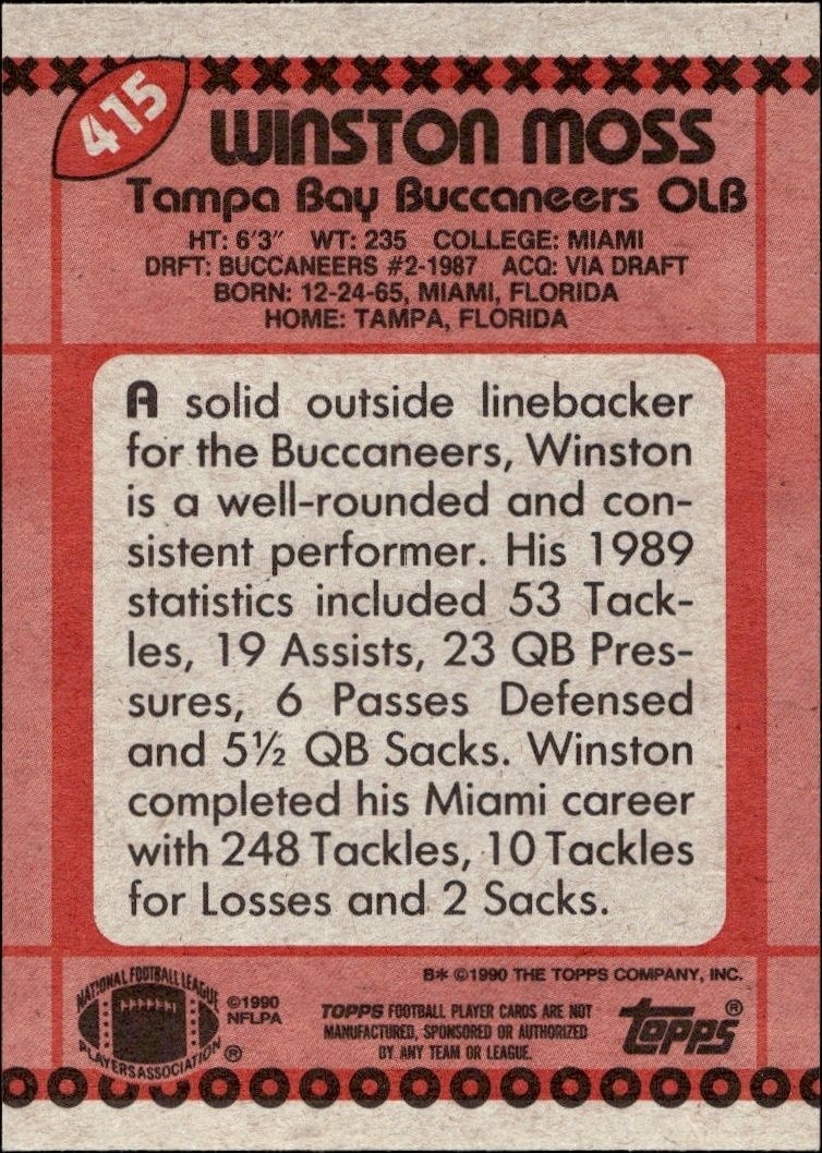1990 Topps Winston Moss #415 football trading card back