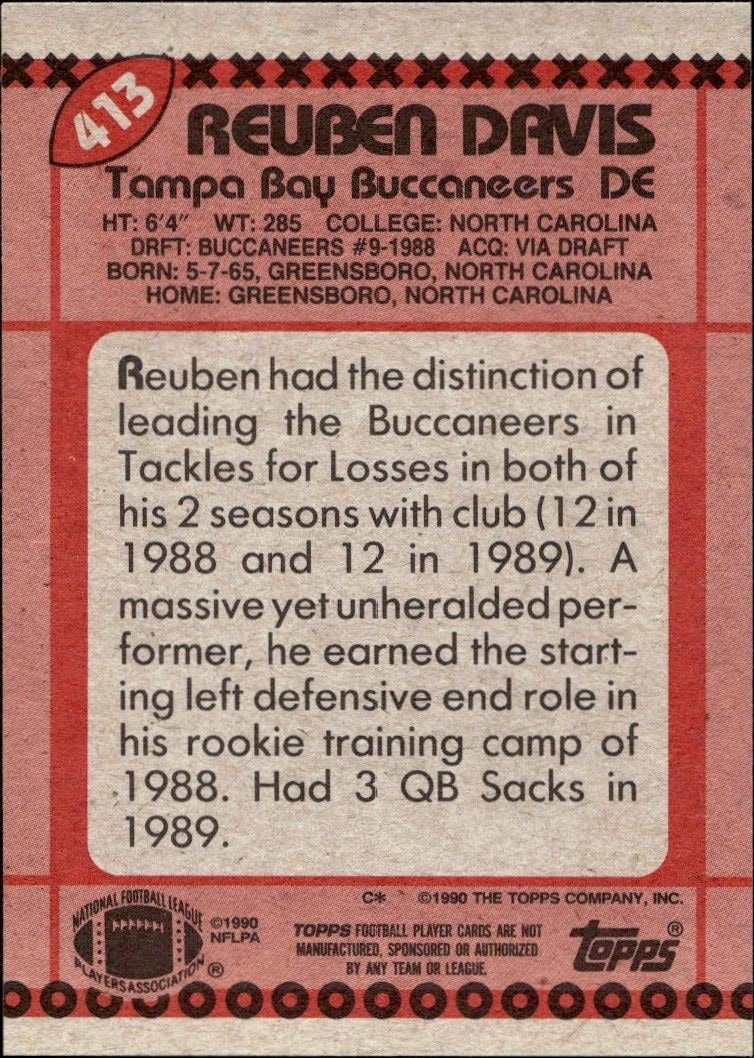 1990 Topps Reuben Davis #413 football trading card back