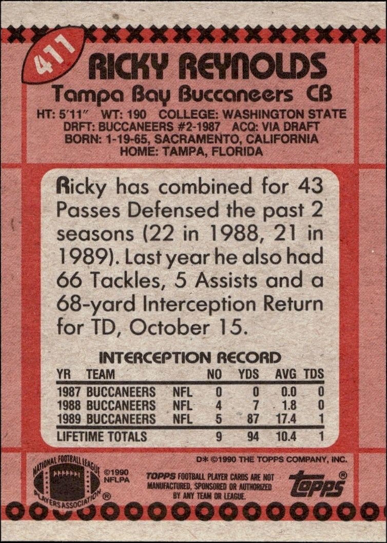 1990 Topps Ricky Reynolds #411 football trading card back