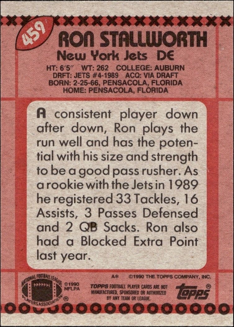 1990 Topps Ron Stallworth #459 football trading card back