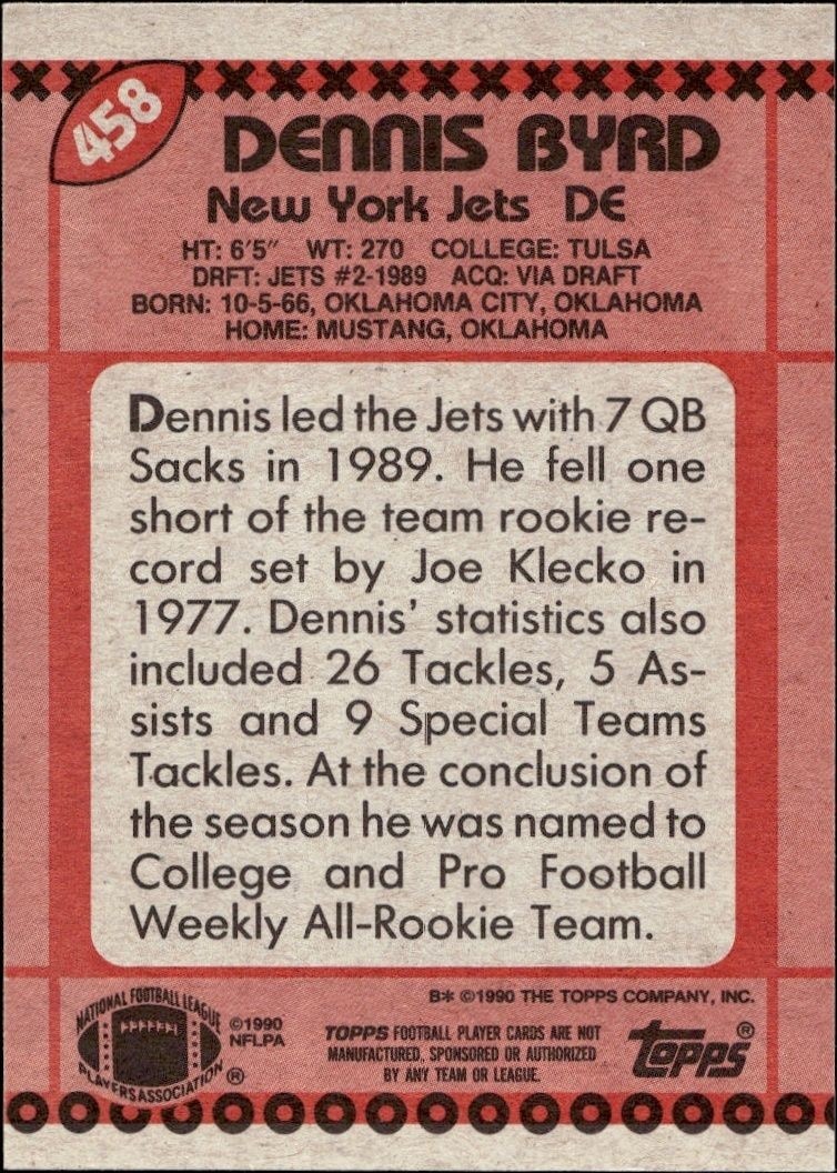 1990 Topps Dennis Byrd #458 football trading card back