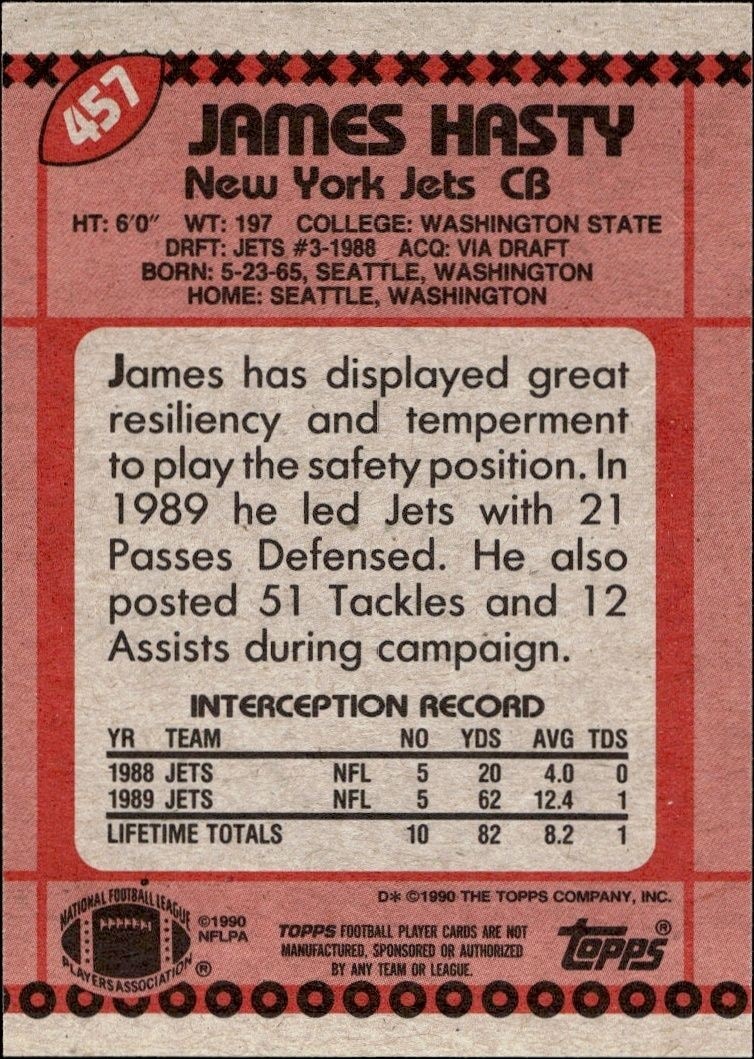 1990 Topps James Hasty #457 football trading card back