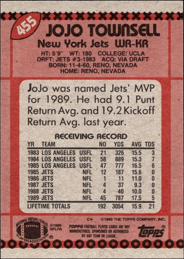 1990 Topps Jo Jo Townsell #455 football trading card back