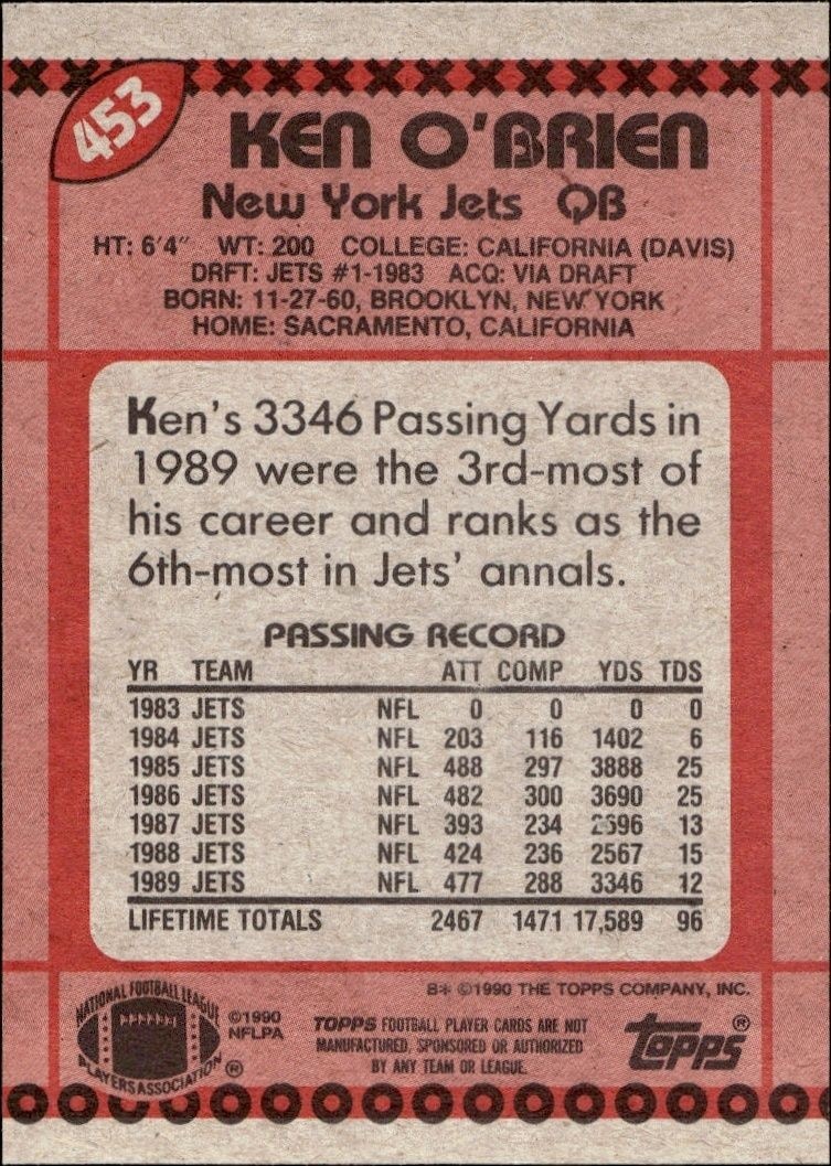 1990 Topps Ken O'Brien #453 football trading card back