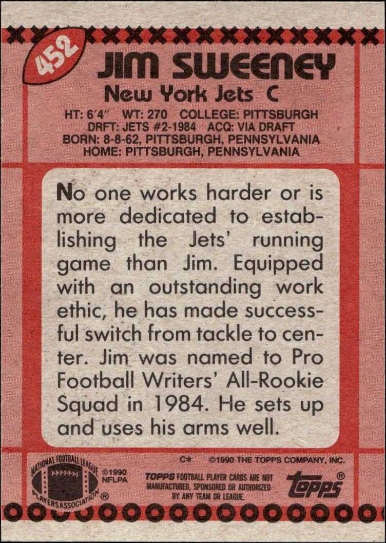 1990 Topps Jim Sweeney #452 football trading card back
