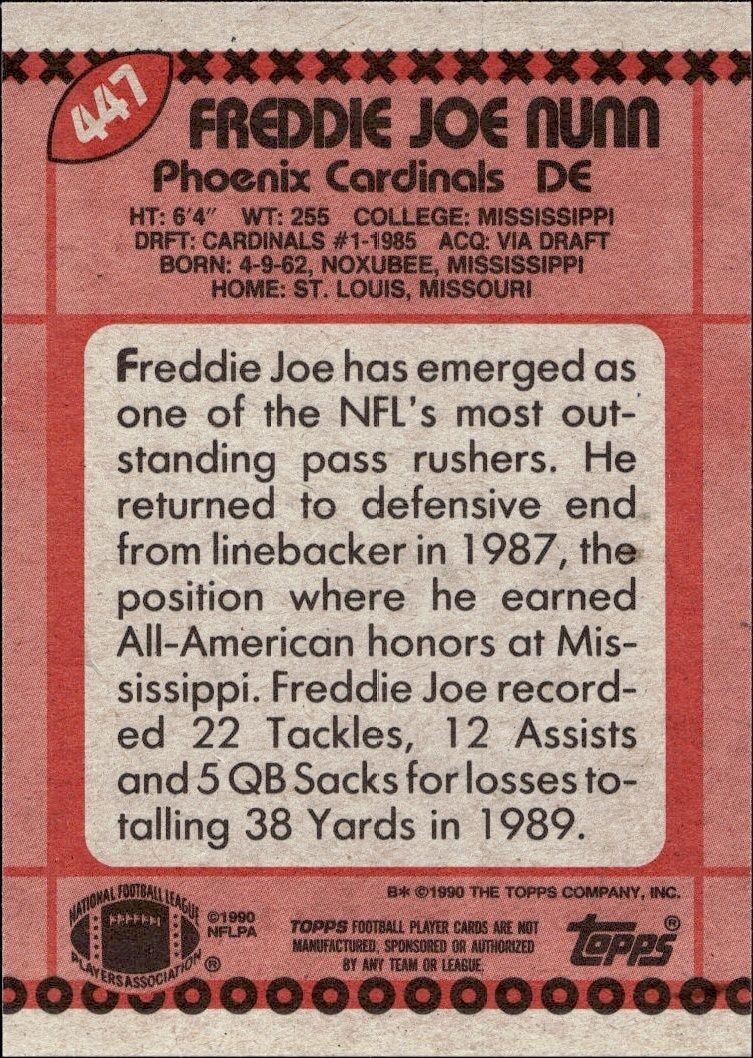 1990 Topps Freddie Joe Nunn #447 football trading card back