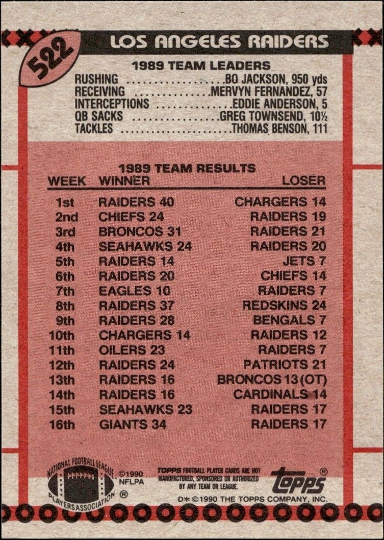 1990 Topps Bo Knows Yardage #522 football trading card back