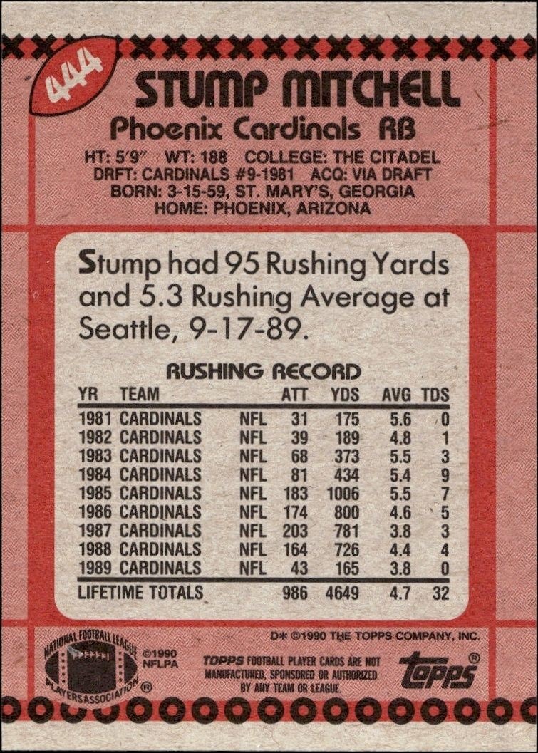 1990 Topps Stump Mitchell #444 football trading card back