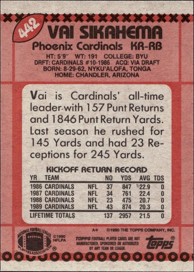 1990 Topps Vai Sikahema #442 football trading card back