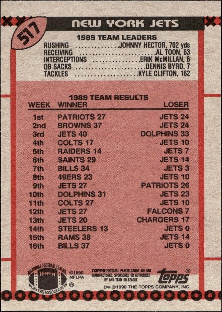1990 Topps A Hasty Return #517 football trading card back
