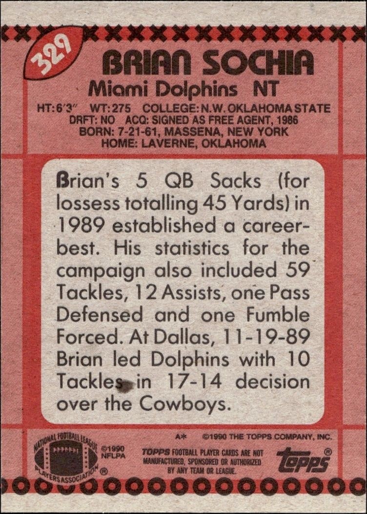 1990 Topps Brian Sochia #329 football trading card back