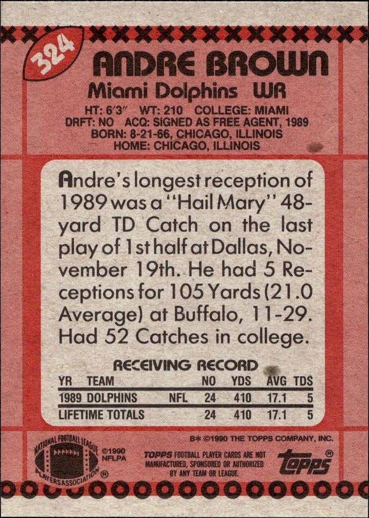 1990 Topps Andre Brown #324 football trading card back