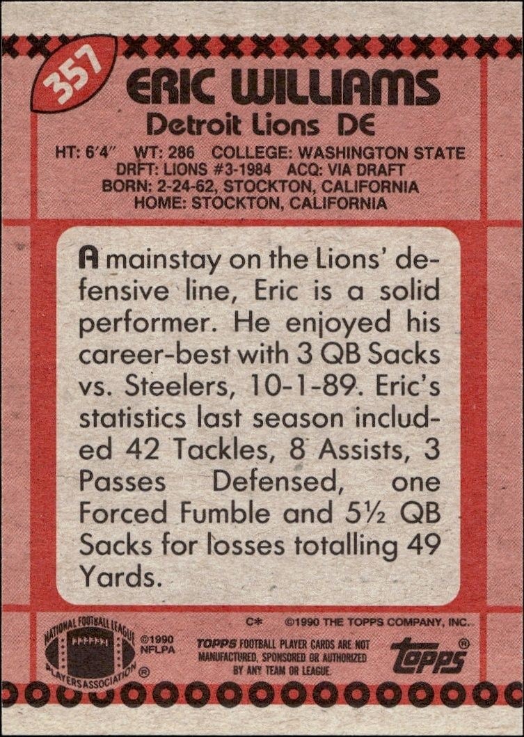 1990 Topps Eric Williams #357 football trading card back