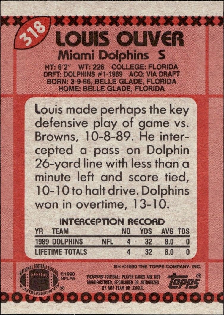 1990 Topps Louis Oliver #318 football trading card back
