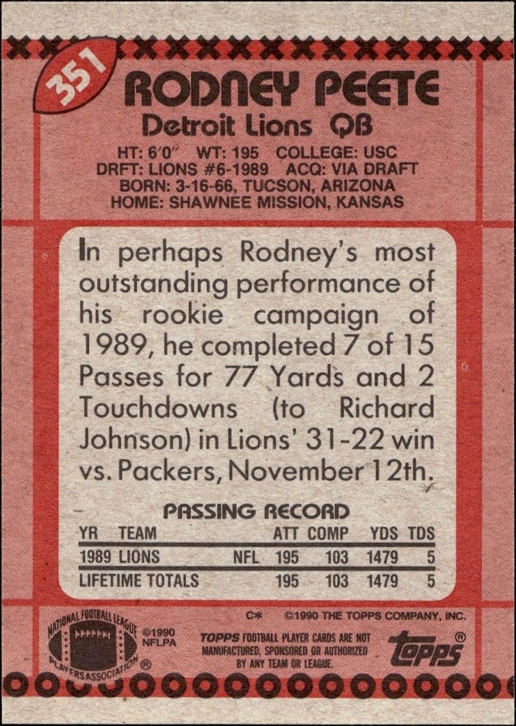 1990 Topps Rodney Peete #351 football trading card back
