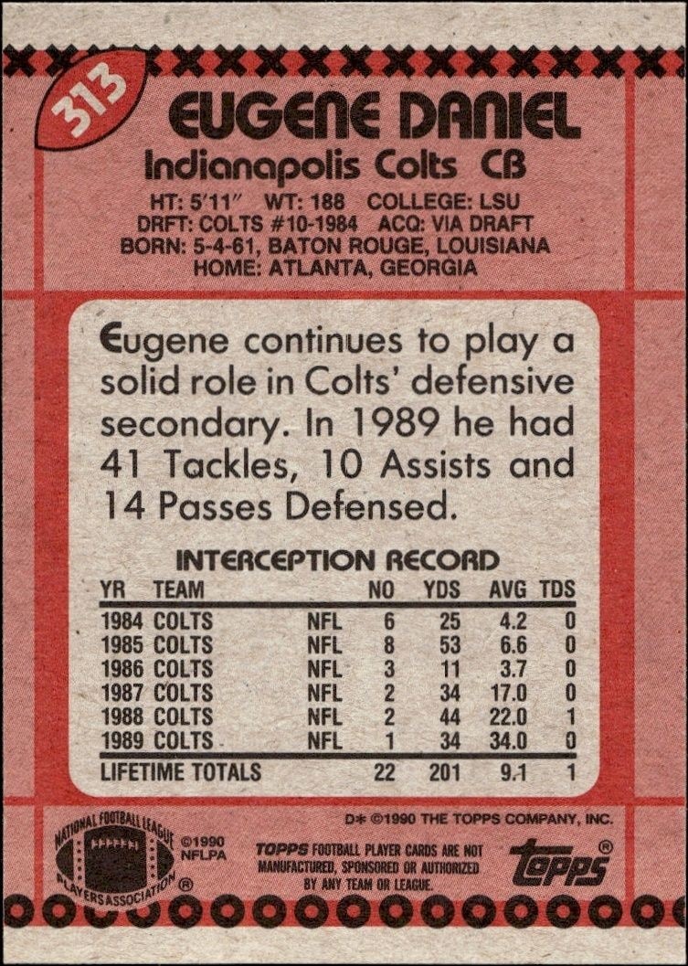1990 Topps Eugene Daniel #313 football trading card back