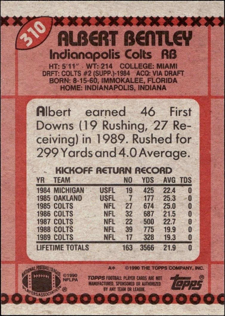 1990 Topps Albert Bentley #310 football trading card back