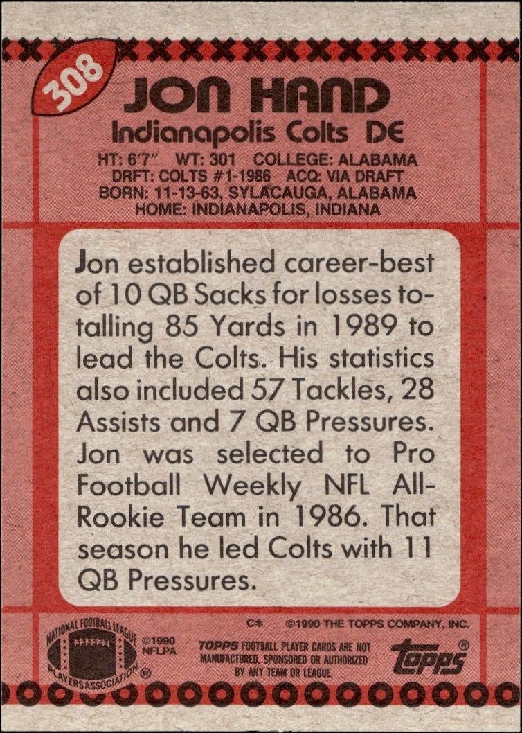1990 Topps Jon Hand #308 football trading card back