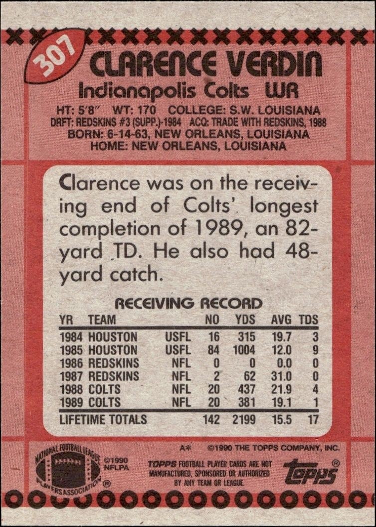 1990 Topps Clarence Verdin #307 football trading card back
