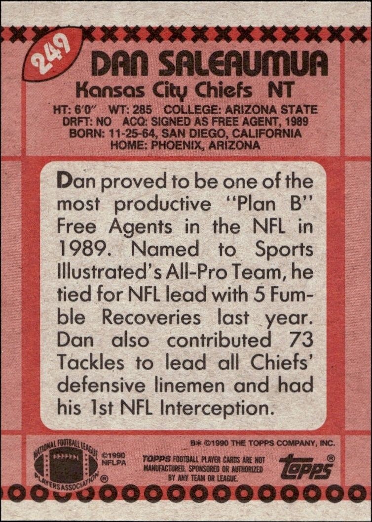 1990 Topps Dan Saleaumua #249 football trading card back