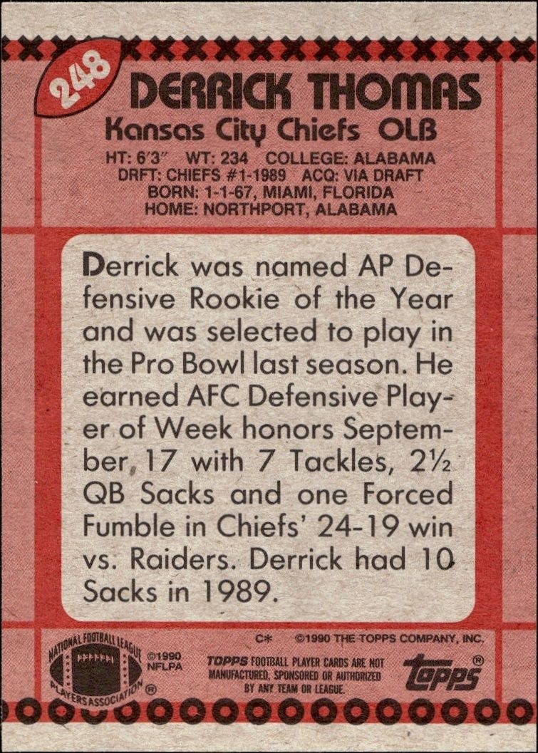 1990 Topps Derrick Thomas #248 football trading card back