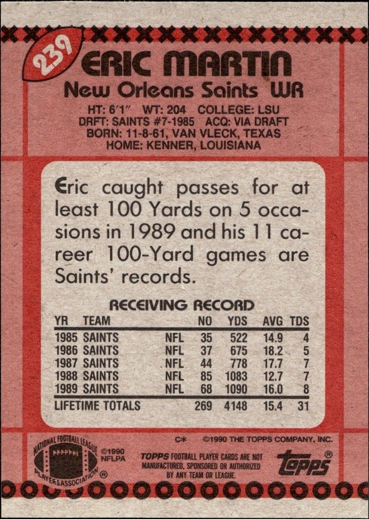 1990 Topps Eric Martin #239 football trading card back