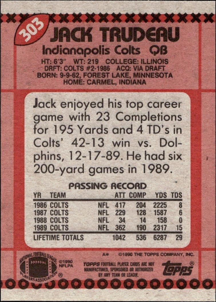1990 Topps Jack Trudeau #303 football trading card back
