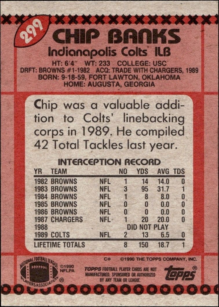 1990 Topps Chip Banks #299 football trading card back