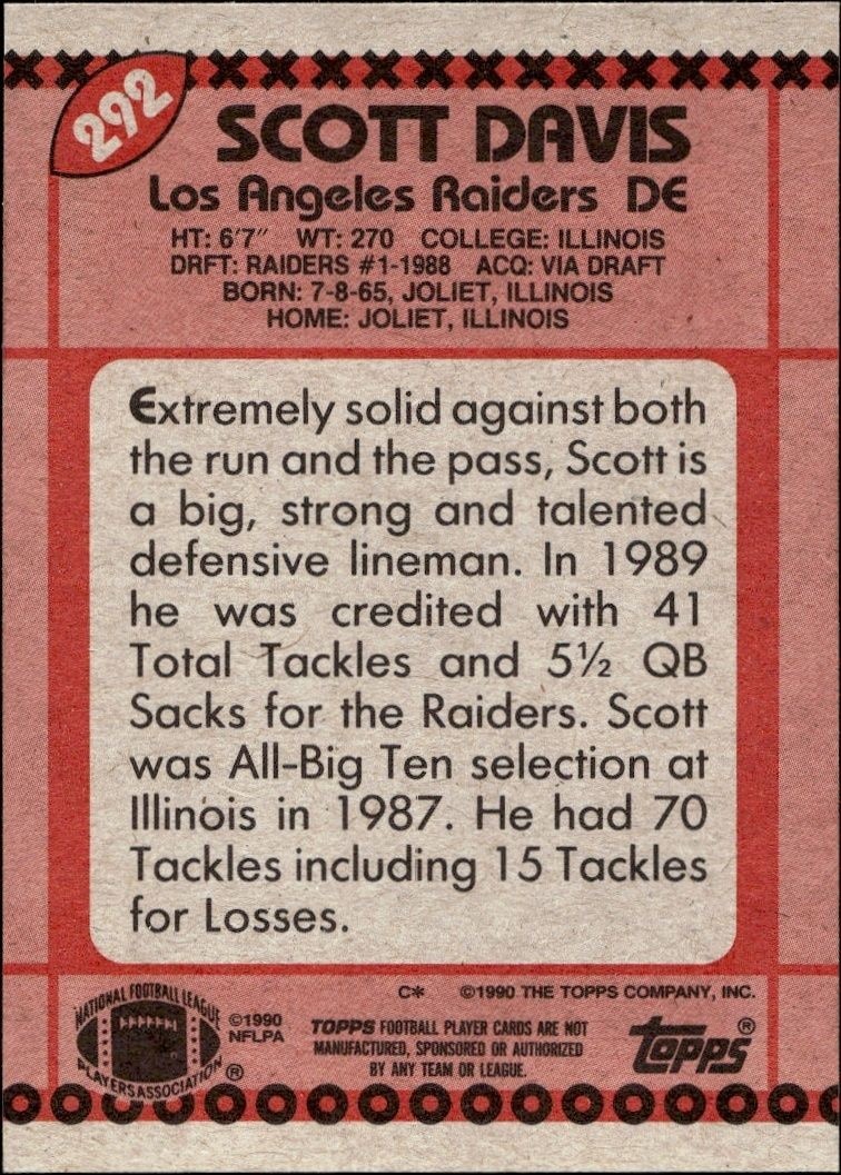 1990 Topps Scott Davis #292 football trading card back