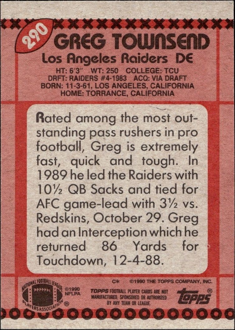 1990 Topps Greg Townsend #290 football trading card back
