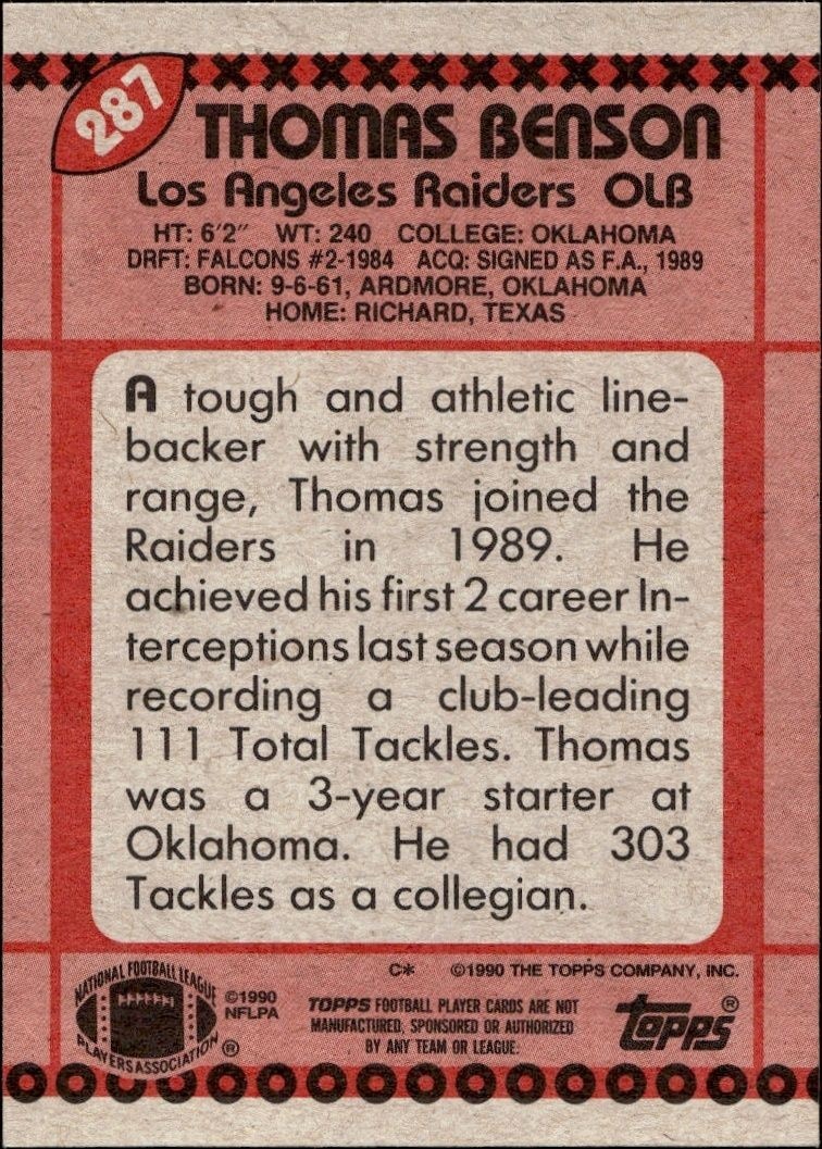 1990 Topps Thomas Benson #287 football trading card back