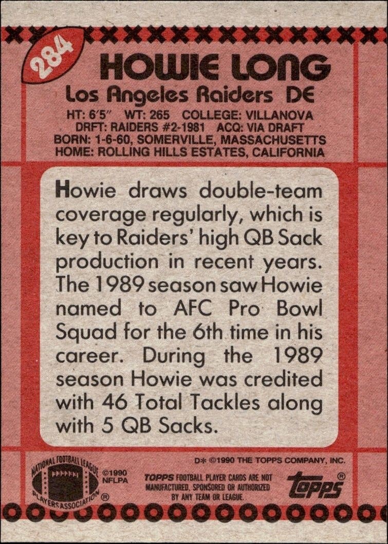 1990 Topps Howie Long #284 football trading card back