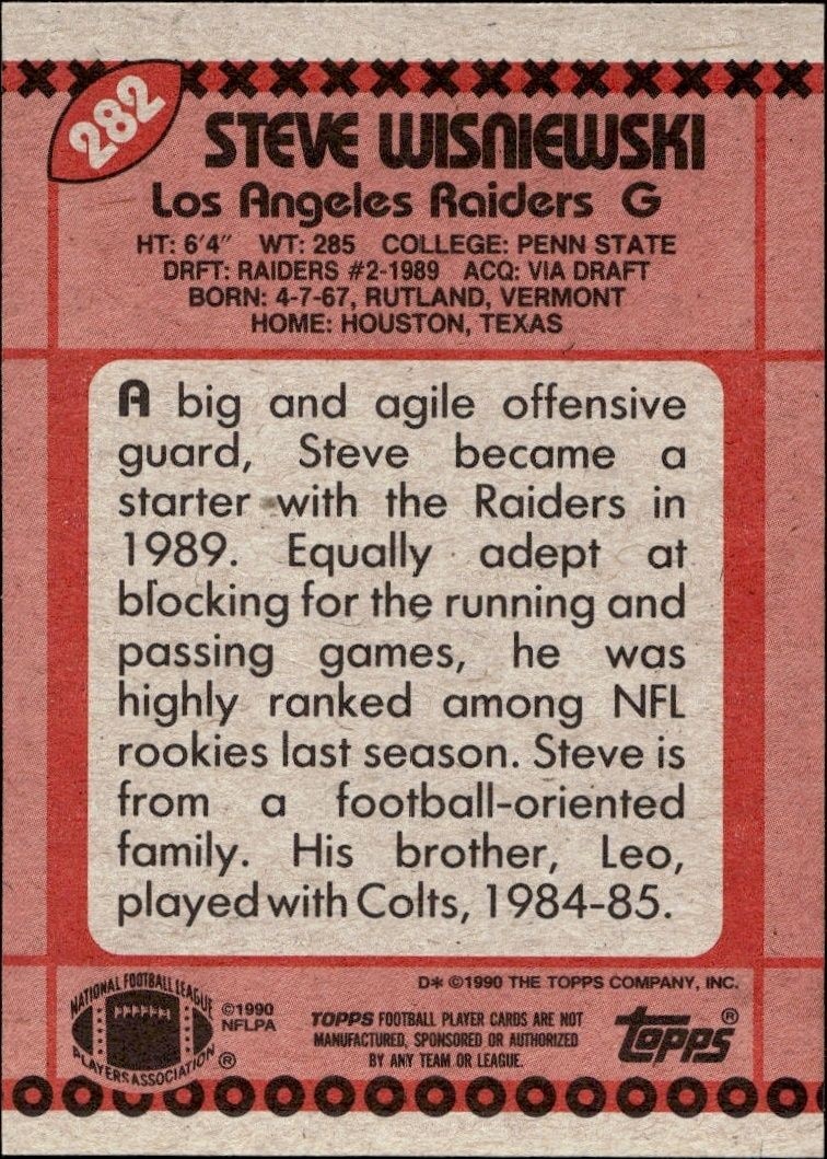 1990 Topps Steve Wisniewski #282 football trading card back