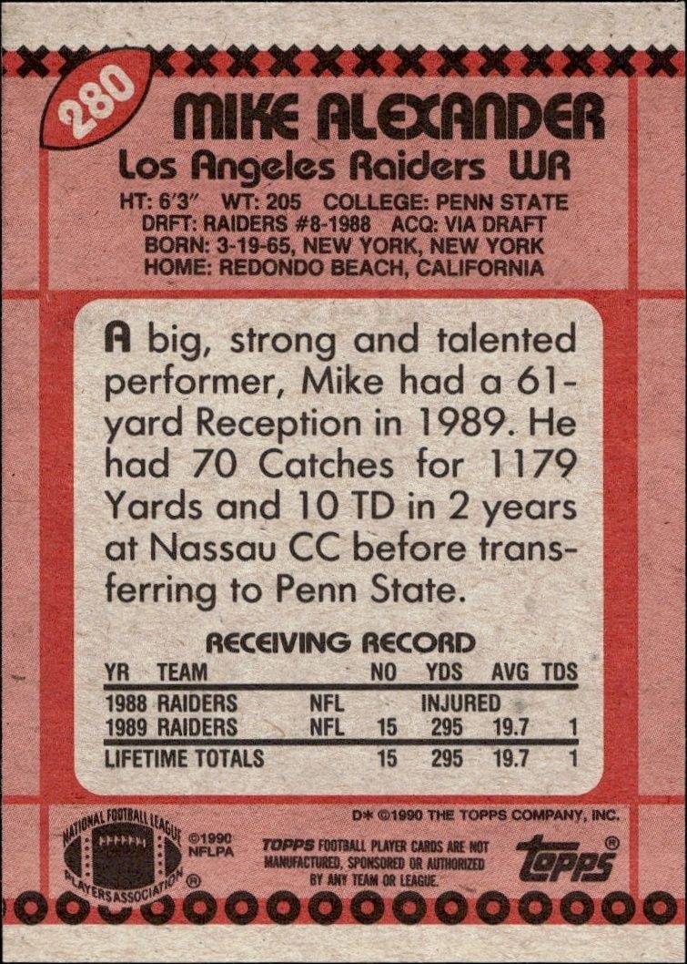 1990 Topps Mike Alexander #280 football trading card back